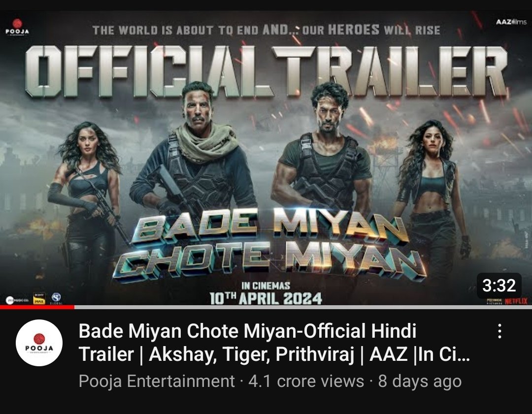 #BadeMiyanChoteMiyanTrailer completed 41Millions views only in 8days INSANE CRAZE Everywhere 
Big Opening on Card ✅️ #BadeMiyanChoteMiyan