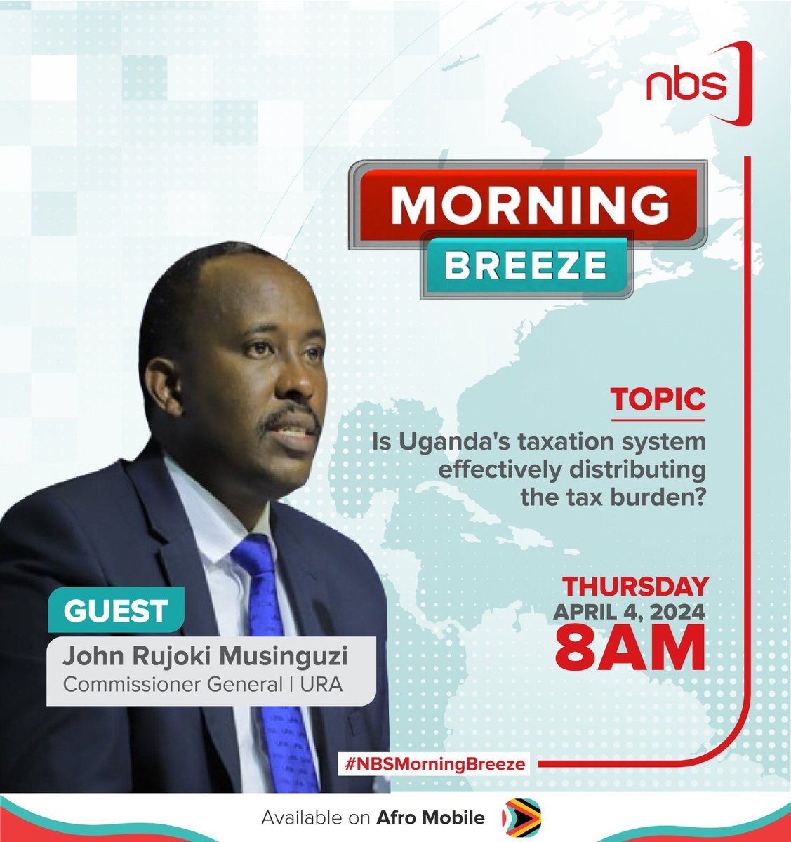 Is Uganda’s taxation system effectively distributing the tax burden ? The URA Commissioner General - John R Musinguzi will join the #MorningBreeze team on @nbstv tomorrow morning to answer this question. Be sure to make a date with @URA_CG starting at 8:00am pronto.…