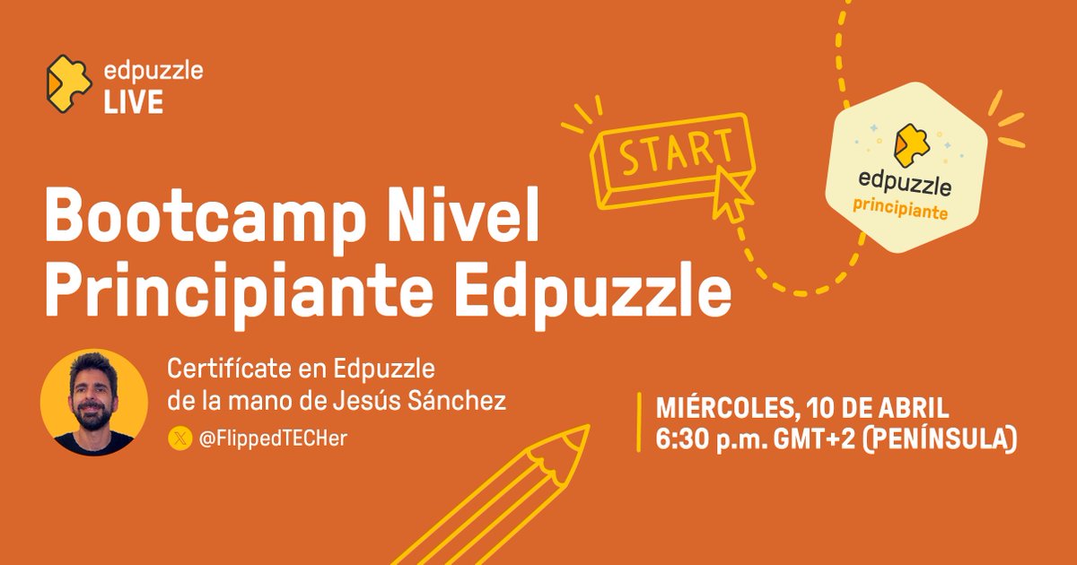 ¡El miércoles 10 de abril a las 18:30 tenemos Bootcamp de nivel principiante de @edpuzzle_es!
Aprende los primeros pasos con Edpuzzle, ¡empieza a flipear tus vídeos!
¡conseguirás el badge y diploma de nivel principiante!
  
🔗 bit.ly/BootcampEdpuzz…
#EdpuzzleBootcamp