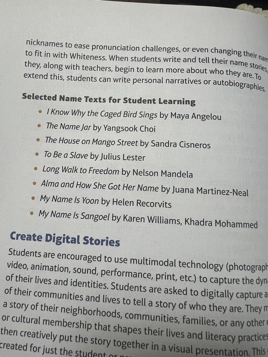 Love the suggestion of “tell our name stories” for teachers to learn + understand students’ identities. “When Ss write and tell their name stories, they, along with Ts, begin to learn more about who they are. To extend this, Ss can write personal narratives” (p. 76). @GholdyM