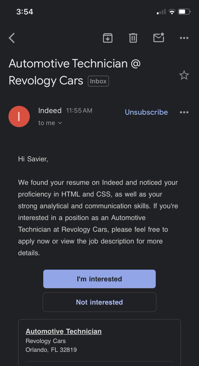 Savierishere's tweet photo. @indeed why is it that your jobs alert are so off saying we run in your resume and see your proficiency in HTML/CSS etc. Are you interested in a this position. Automotive tech or Alarm Inspector. I appreciate the alerts but it should match better. https://t.co/0JJLHdRQ5e