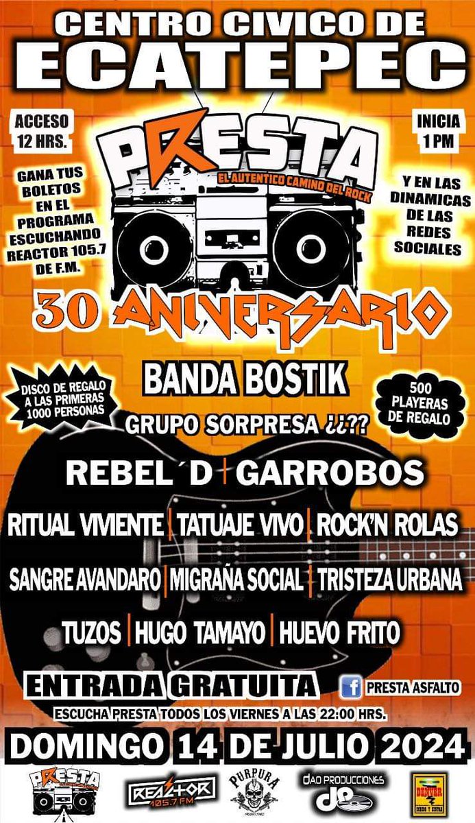 Les presentamos al elenco para el 30 aniversario de 'Presta' Nos vemos el domingo 14 de Julio en el Centro Cívico Ecatepec 🔸Todos los boletos se regalarán, así que atentos a todos los puntos de entrega. @RockJinete @elomar_ze @PacoMemoRock @ratonmagico74