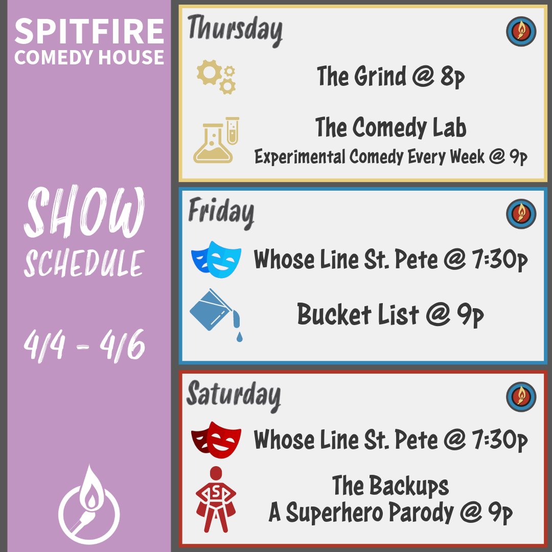 SpitfireStPete's tweet photo. Want a laugh?

🧪 Come see The Comedy Lab – an experimental show concept. 

🪣 We also have the Bucket List where the house team interviews someone and then plays out scenes from their real life with an #improv twist! 

🎟️ Get your tickets here: https://t.co/hA6pBuuyXQ https://t.co/JhE0vsoOKg