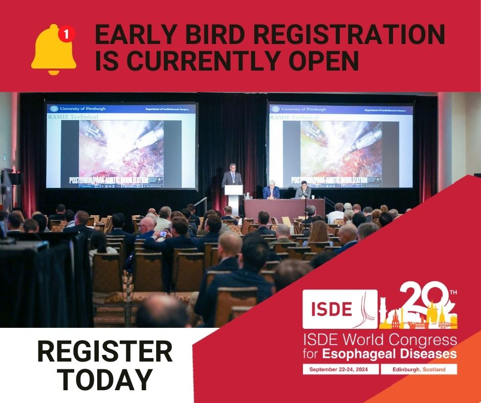 The Early Bird Registration for @ISDE2024 is currently open, offering discounted fees for a limited time. Secure your spot by registering at isde-congress.net/2024registrati… before June 12, 2024, and save up to USD 100! #esophageal #esophagus