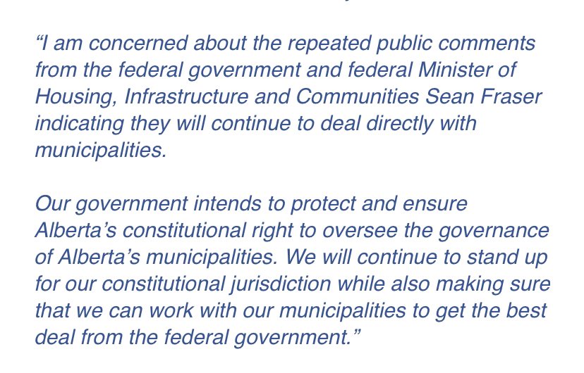 NEW: Alberta’s Minister of Municipal Affairs @RicMcIver says he’s concerned the fed govt & @SeanFraserMP want to deal directly with municipalities. “Our government intends to protect and ensure Alberta’s constitutional right to oversee the governance of Alberta’s municipalities.”