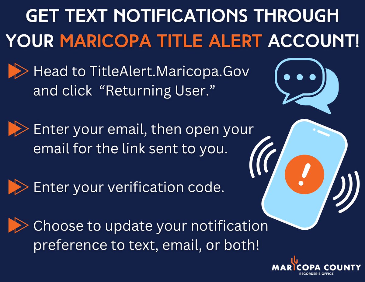 Listen up home and business owners 🗣 Maricopa Title Alert is a free and easy way to help keep an eye on your property. 🏠 You can learn more and sign up for free at TitleAlert.Maricopa.Gov