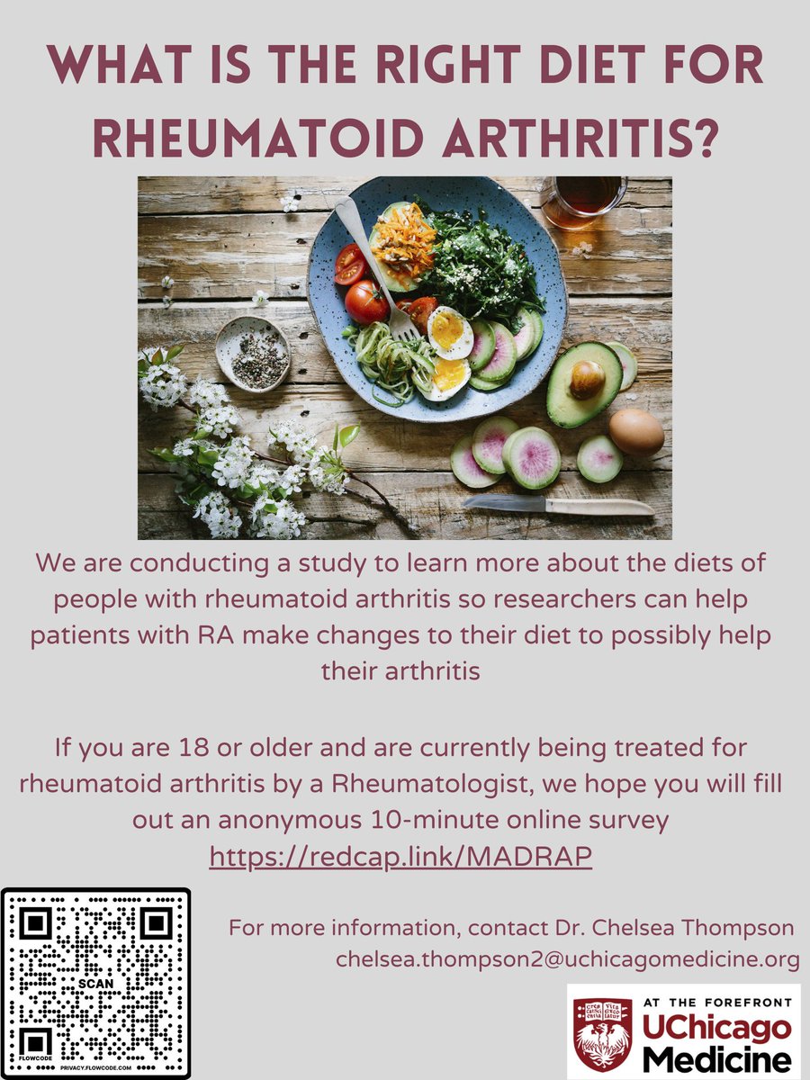 👉 Patients with #RA #rheumatoid arthritis: Please consider participating in this important diet survey so that we can learn more about eating habits and their effects in RA patients: 🔥 CLICK HERE: redcap.uchicago.edu/surveys/?s=ENW… The survey is short and you'll be making an important…