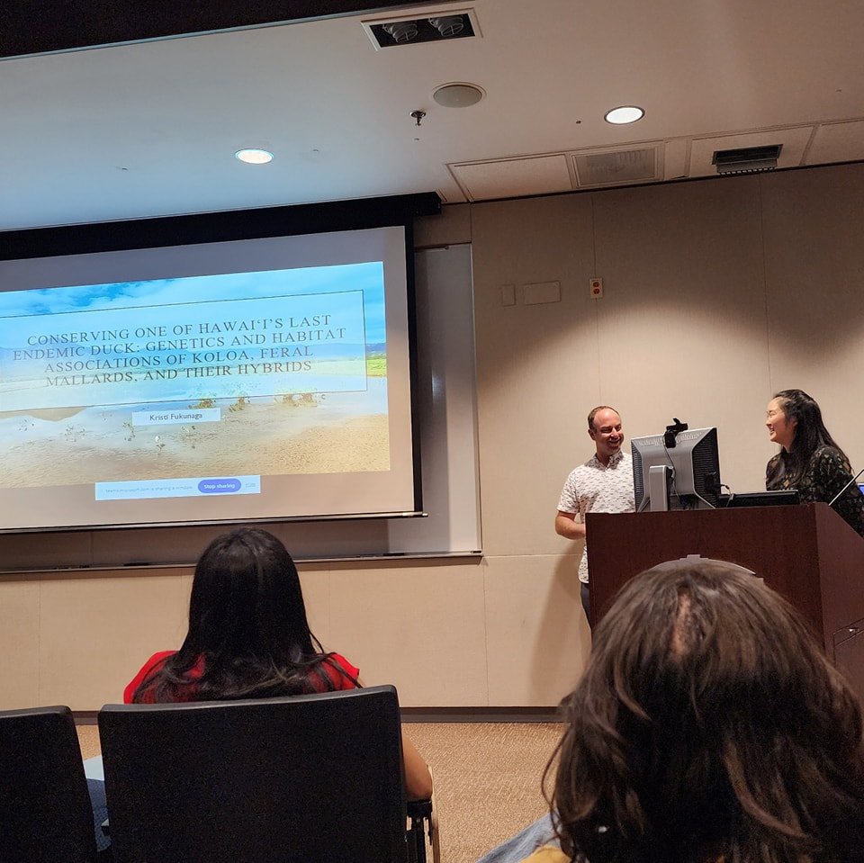 utepbc's tweet image. Congratulations to Kristi Fukunaga of Ornithology Curator @LavretskyLab  for defending her Master&apos;s thesis ! Kristi&apos;s #genetics and habitat association studies has important implications for the conservation of the threatened and culturally important #Koloa maoli!