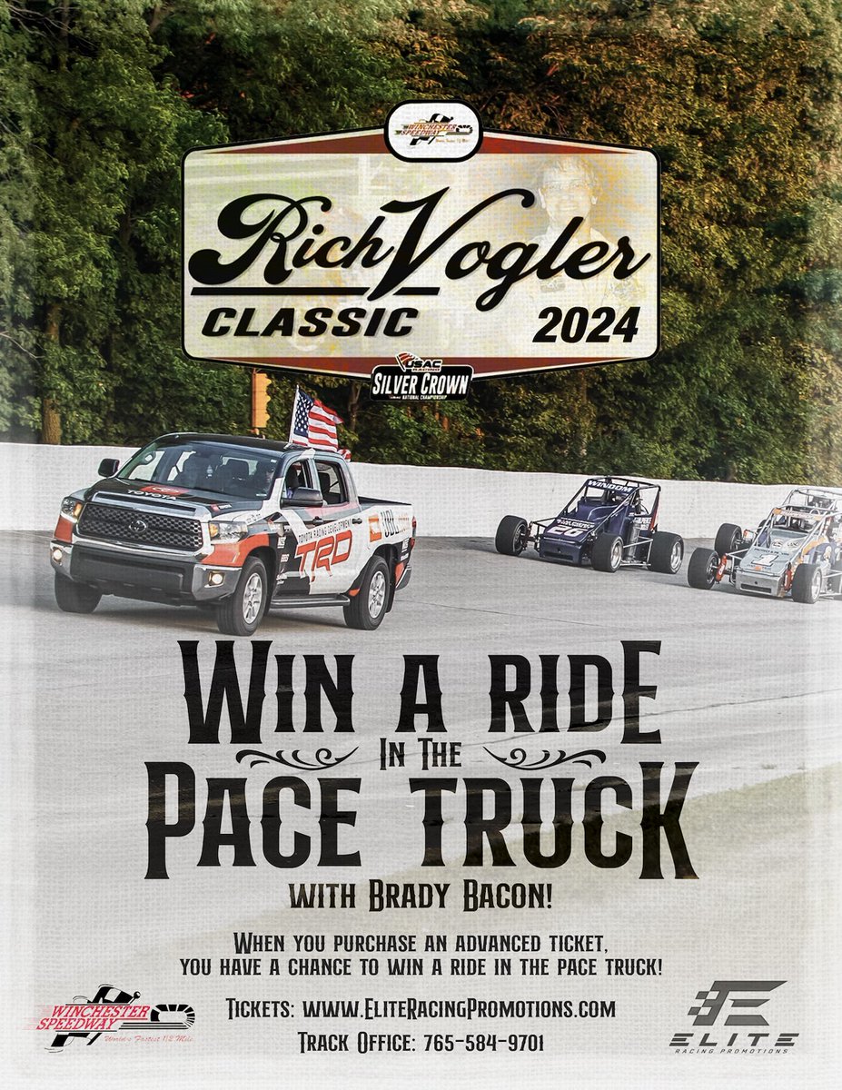 Wow - buy your advance tickets for the May 5 Rich Vogler Classic for @USACNation Silver Crown cars and get entered into a drawing to ride in the pace truck with @BradyBacon