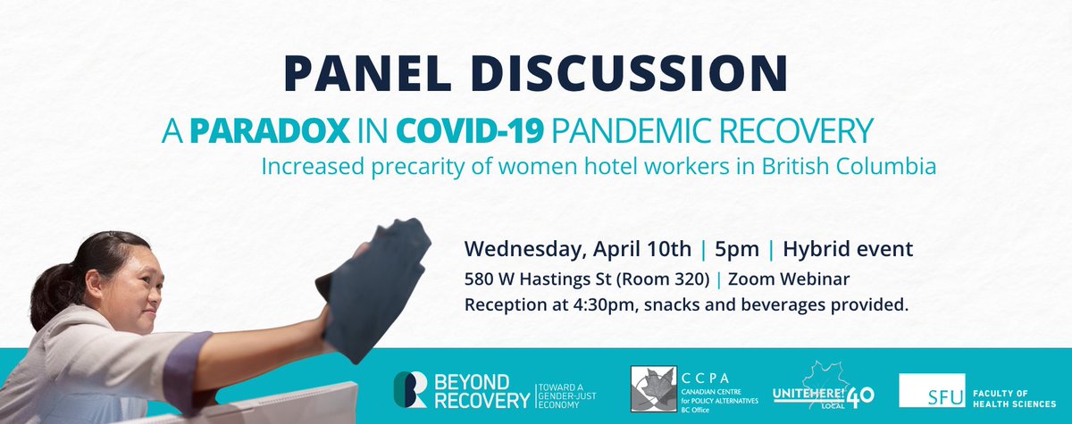 Women hotel workers were deeply affected by the COVID-19 pandemic but their stories remain hidden. Hear from these women—the majority immigrant and racialized—and report authors who told their stories. April 10, 4:30 pm. In person or online: Register. policyalternatives.ca/beyond-recover…