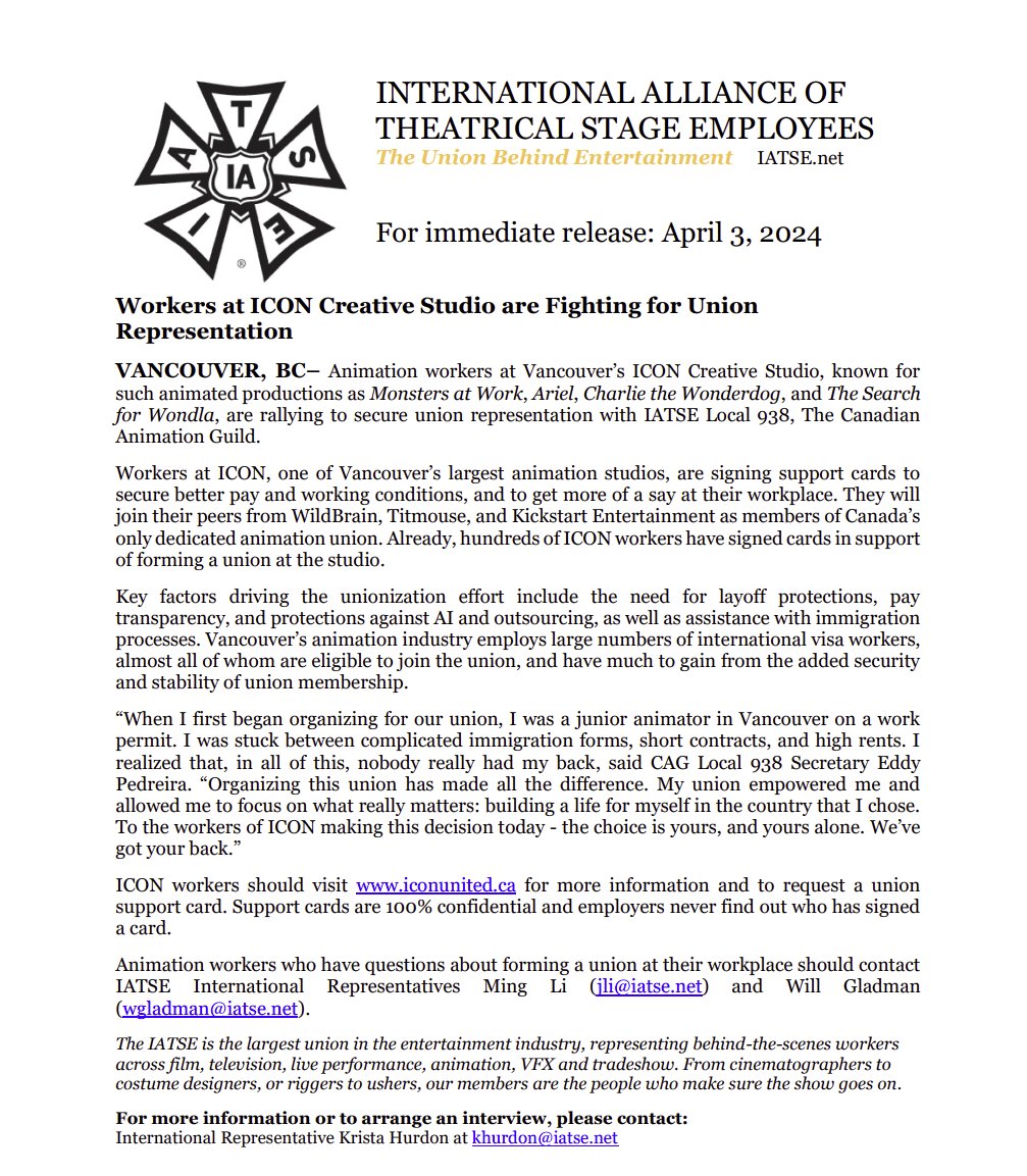 #Animation workers at Vancouver’s ICON Creative Studio, known 4 prods like Monsters at Work, Ariel, Charlie the Wonderdog & The Search for Wondla, are rallying 2 secure #union representation w/ @IATSE @CAG938! #solidarity #UnionStrongAllDayLong Release: shorturl.at/ajNVW