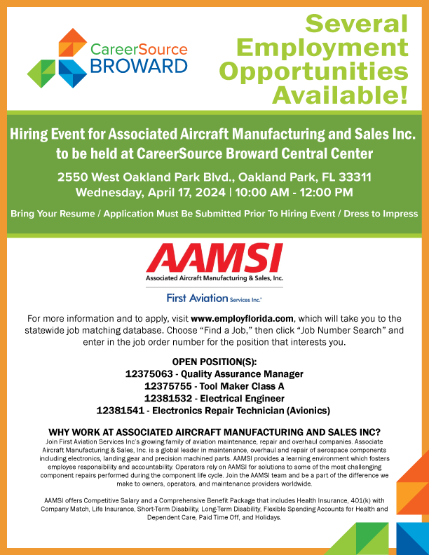 #HiringEvent: Associated Aircraft Manufacturing and Sales, Inc. will be at our Central Center hiring for: Quality Assurance Manager, Tool Maker Class, Electrical Engineer, Electronics Repair Technician (Avionics). For more info and to apply, visit employflorida.com.