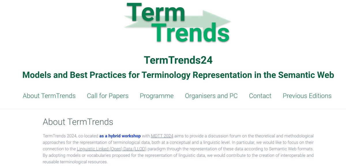 CfP: 30th April: TermTrends24: Models & Best Practices for #Terminology #Representation in the #SemanticWeb
WS colocated with #MDTT 2024 (Hybrid)
Date: 26th June, 2024 | Venue: Granada, Spain
More info: termtrends.linkeddata.es
#ontolex #standards #lexicography #DH
CfP: 30 April