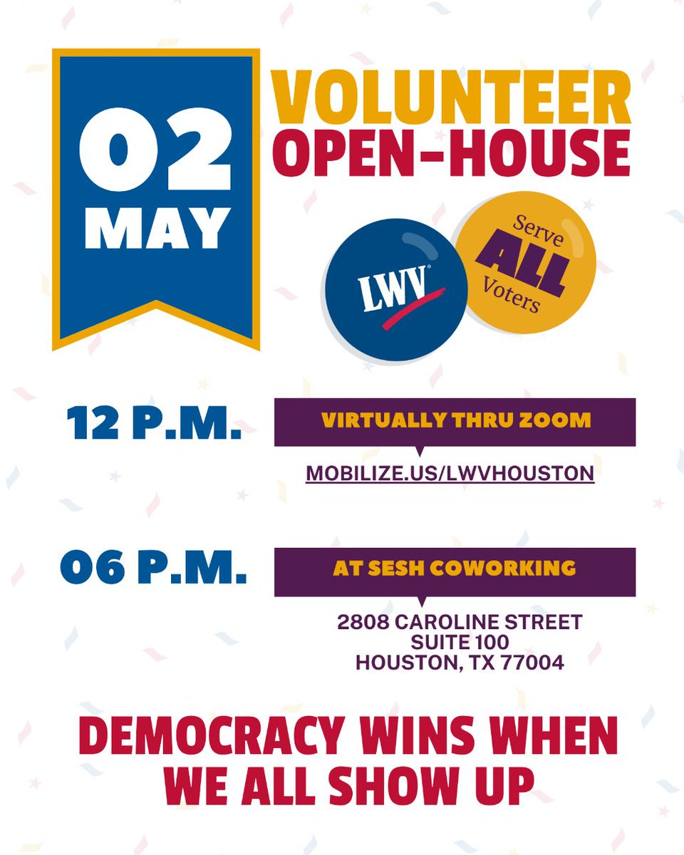 Looking to make a difference in Houston and your country? Want to be a part of a 104 year legacy of civic engagement and voting rights? We would love to see you at our Volunteer Open House! Visit our website for info! #lwvhouston #houstonnonprofit #houstonwomen #houstonvoter