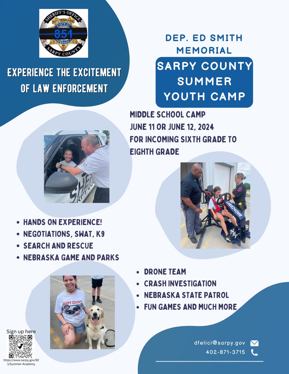 SCSO is offering a Free Camp! June 11-12, Free Middle School Summer Youth Camp for incoming 6th grade to 8th grade. June 13 & 14, Also, hosting a 2-day High School Experience “Summer Police Academy” for incoming Freshman to Class of 2024 sarpy.gov/921/Summer-Aca…