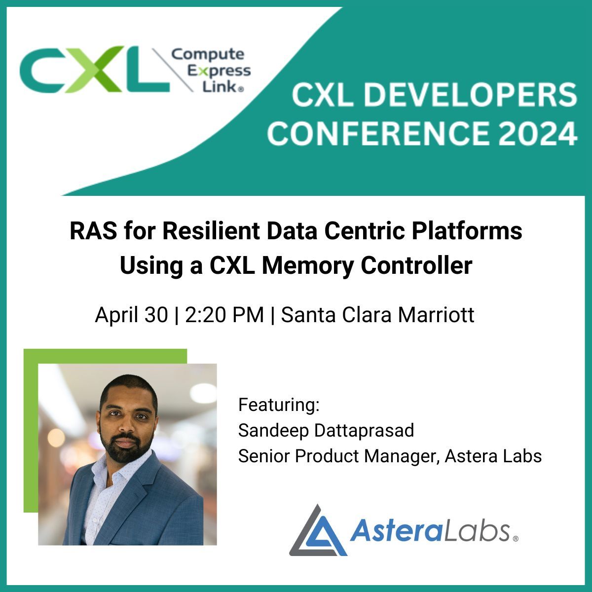Join us at #CXL DevCon, taking place April 30-May 1 in Santa Clara. We will present on “RAS for Resilient Data Centric Platforms Using a CXL Memory Controller.” 

Register today: buff.ly/4cHkYgE 

@ComputeExLink #ComputeExpressLink #AI #Cloud #datacenter #innovation