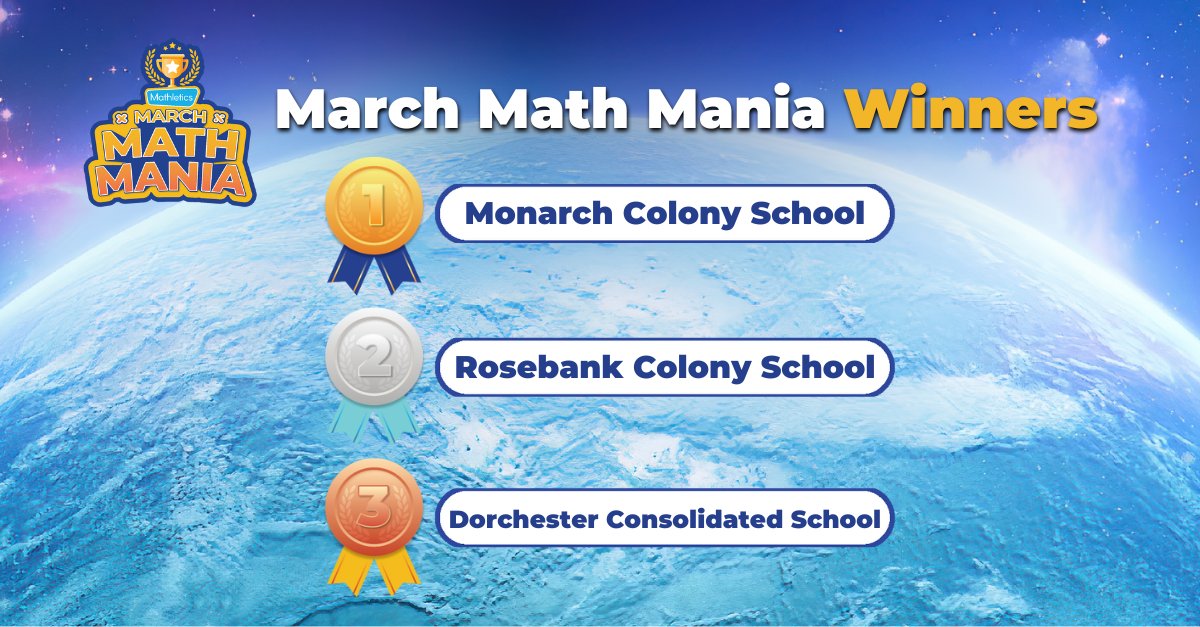 Our 2024 #MarchMathMania winners are... 🥇 Monarch Colony School 🥈 Rosebank Colony School 🥉 Dorchester Consolidated School Congratulations to all the students who participated in this year's challenge. We can't wait until next year! #mathletics #math #education