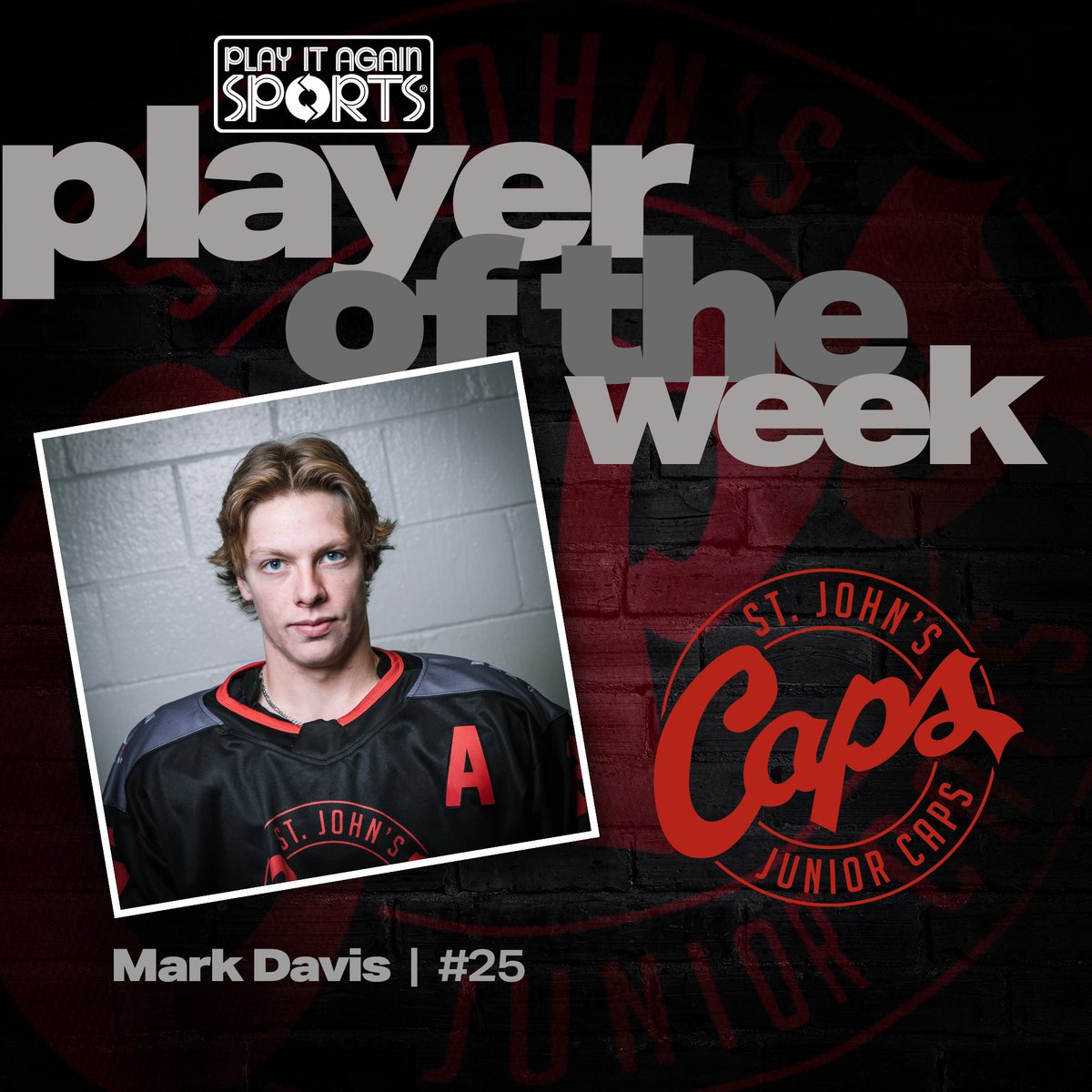 Congratulations to Mark Davis, our Play it Again Sports Player of the Week! In Game 1 of the best-of-seven Semifinal series against the CBN Junior Stars last weekend, Mark's two goals and hard work played a crucial role in our victory. Congrats, Mark! #PlayerOfTheWeek #JuniorCaps
