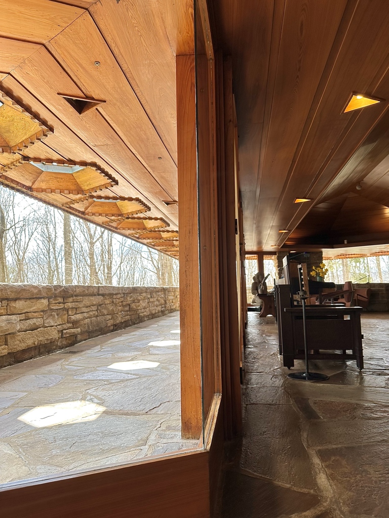 Glass corners divide the living room and terrace to blend the interior to exterior. — Explore the wonders of Frank Lloyd Wright and the beautiful views surrounding Kentuck Knob. We reopen to the public on Saturday, March 9th. Tickets available at our website (link in bio).