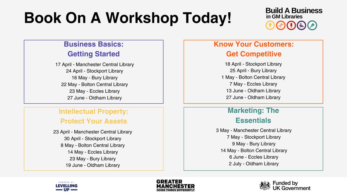 Started or thinking of starting a business? Our 4 #BusinessWorkshops provide knowledge and tools you need to increase your chance of success! Book your place at your local Build a Business GM Library today! bit.ly/3vetwuE #entrepreneurs #startups @BIPCGM @GMLibraries
