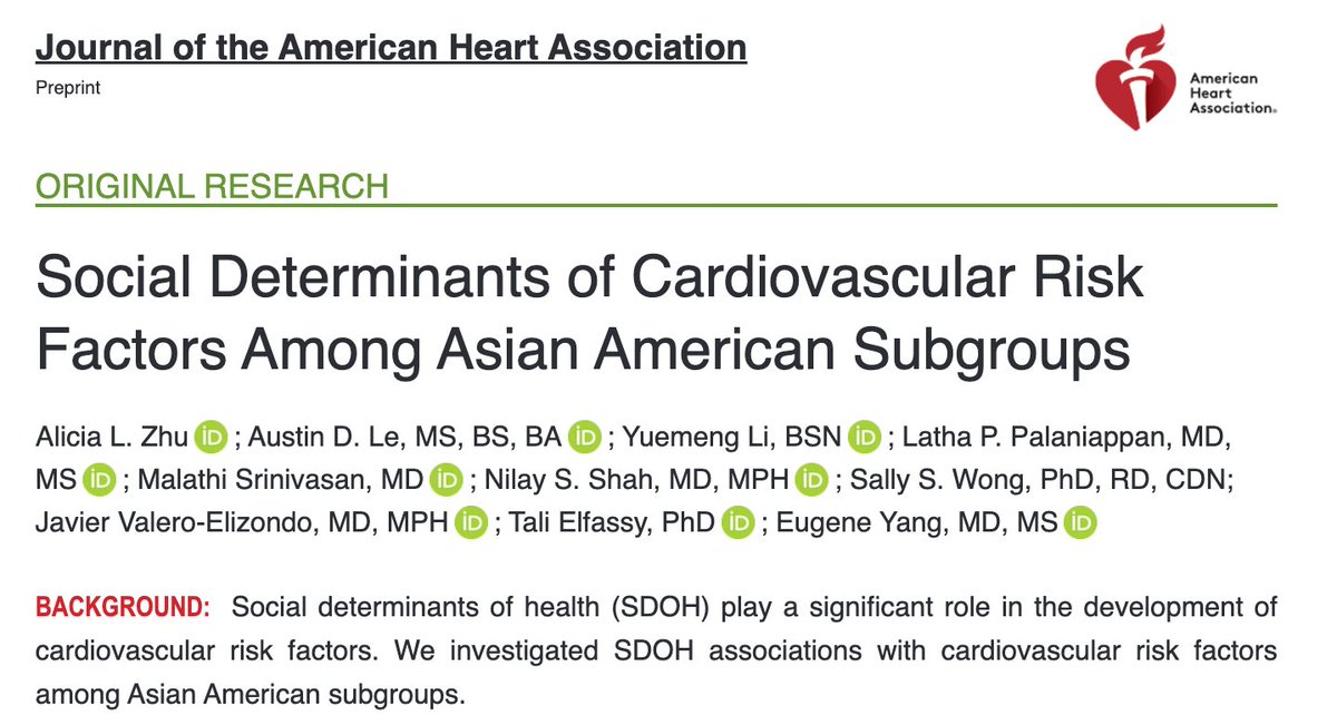 Excited to share our publication on the association of SDOH with CV risk factors in disaggregated Asian subgroups @TaliElfassy @NilayShahMDMPH @SallySWong @StanfordCAREs @UWCardiology @JAHA_AHA @AHAScience @DaichiShimbo @khurramn1 @DrStellaYi @NammiKan ahajournals.org/doi/epub/10.11…