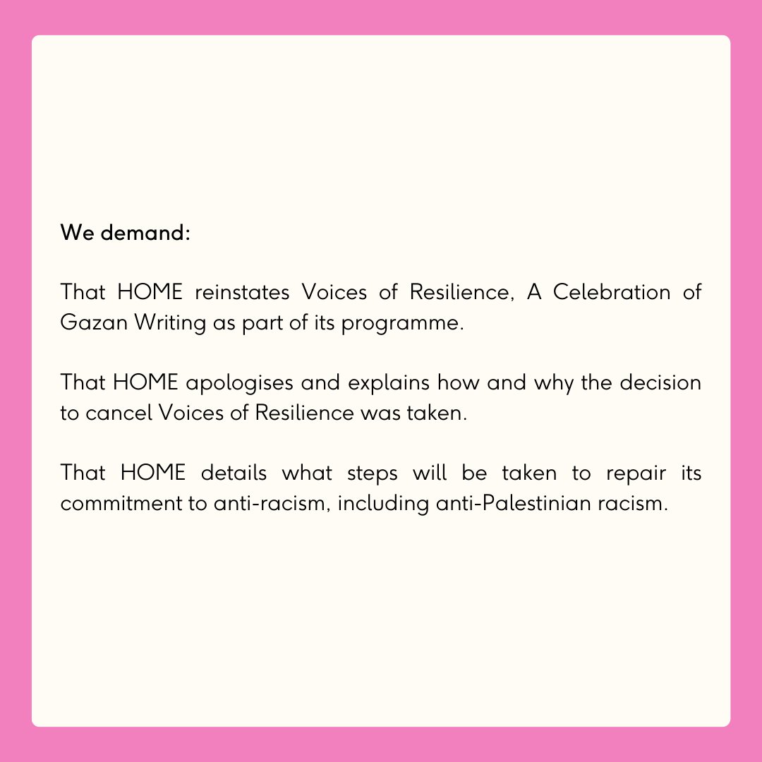 Our statement in response to HOME's cancellation of The Palestinian Arts Event. We have also signed the open letter to HOME, here tinyurl.com/homemanchester #HOMEMCR #HOME #Manchester #Palestine #arts #resilience #InPlaceofWar #Arnolfini #Bristol