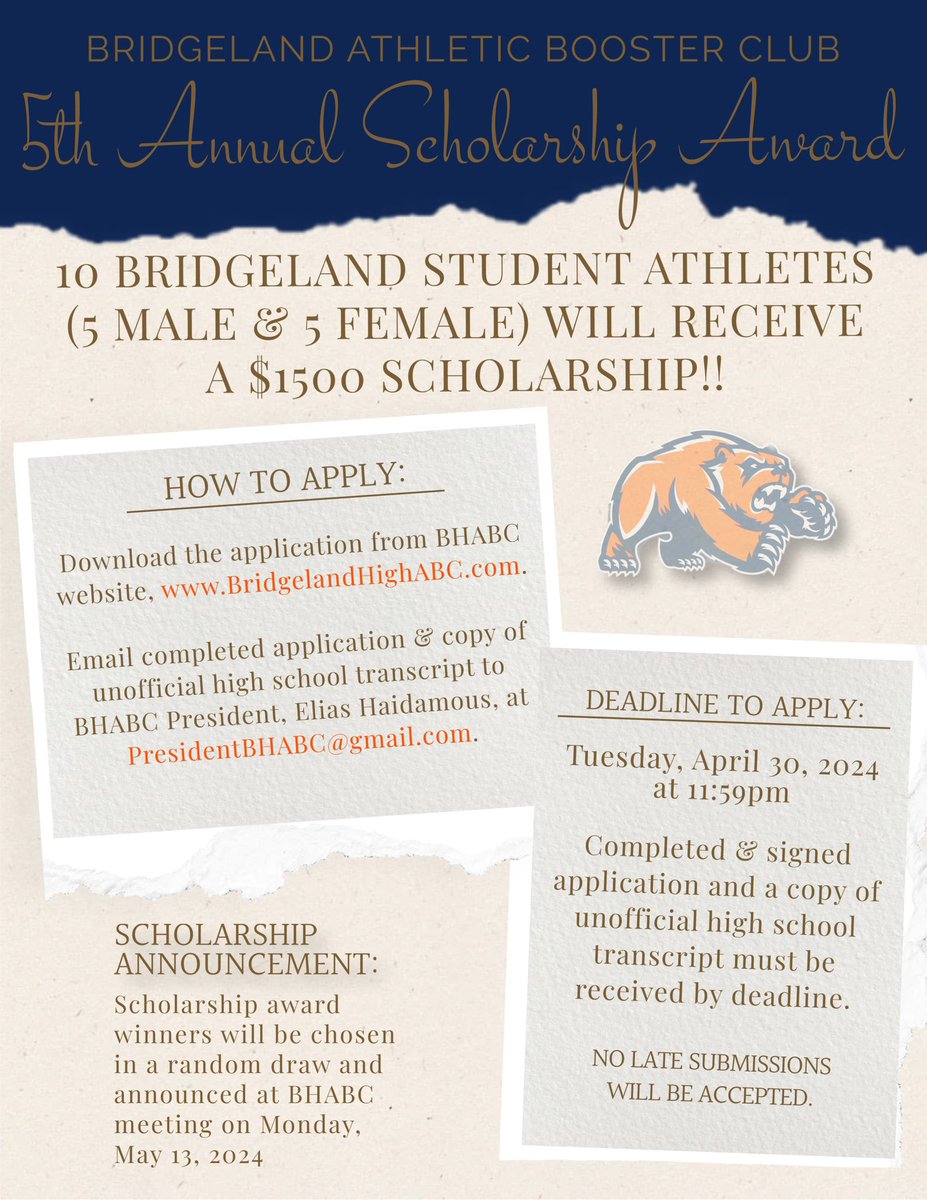BHABC is excited to announce the 5th Annual Scholarship that will be awarded to 10 Class of 2024 Bridgeland Student Athletes!! BridgelandHighABC.com