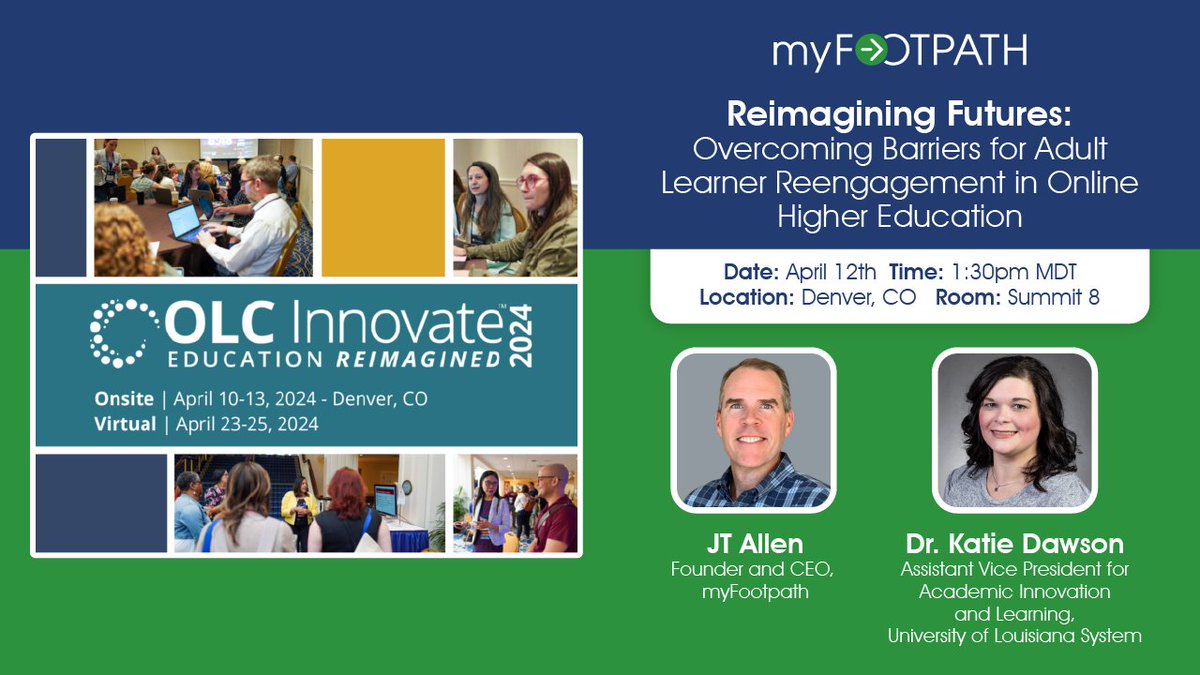 Breaking down barriers is essential to reengaging #adultlearners in online higher education, and it starts with our session at @OLC Innovate!   Join us on April 12th in room Summit 8 at 1:30pm and be a part of the movement to reimagine futures. 🌟   #OLCInnovate #HigherEd