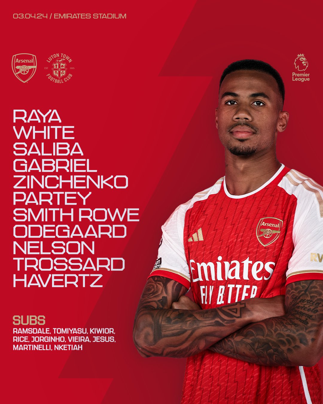 Starting XI: Raya, White, Saliba, Gabriel, Zinchenko, Partey, Smith Rowe, Odegaard, Nelson, Trossard, HavertzSubstitutes: Ramsdale, Tomiyasu, Kiwior, Rice, Jorginho, Vieira, Jesus, Martinelli, Nketiah