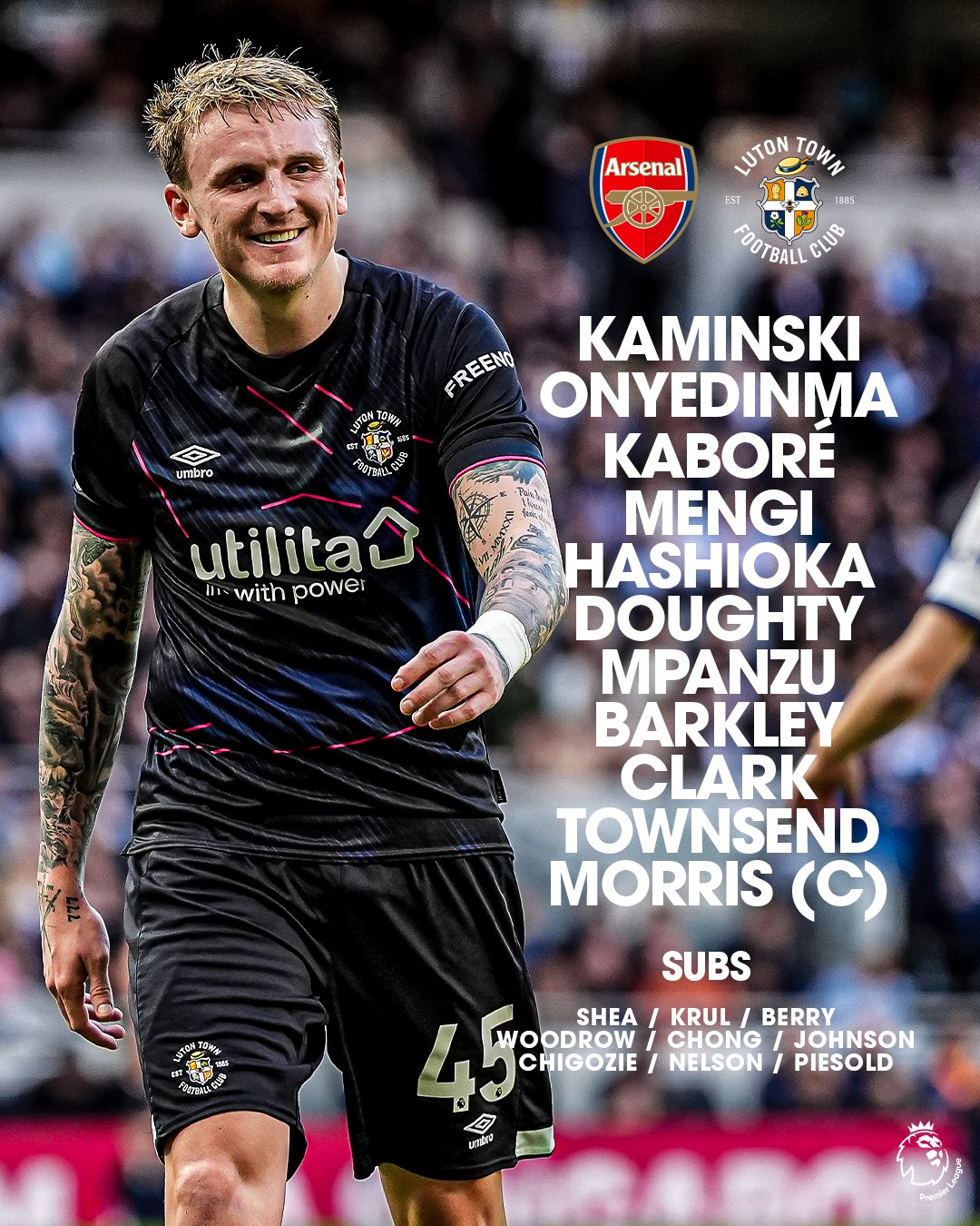 Hatters XI vs Arsenal: Kaminski, Onyedinma, Kaboré, Mengi, Hashioka, Doughty, Mpanzu, Barkley, Clark, Townsend, Morris (C).Subs: Shea, Krul, Berry, Woodrow, Chong, Johnson, Chigozie, Nelson, Piesold.