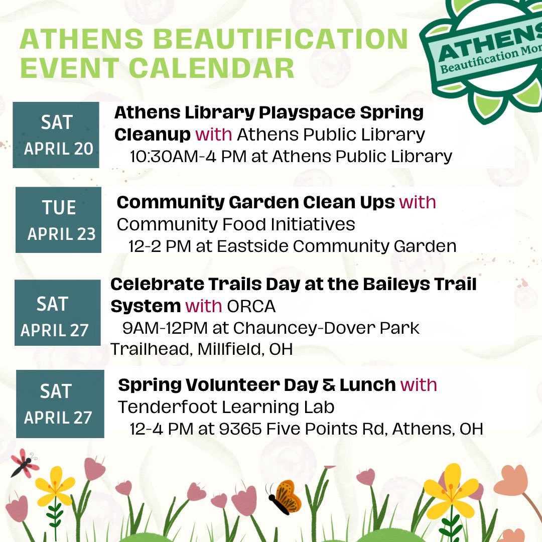 Ready to get your hands dirty, Athens? 🌸 Learn about various opportunities you can get involved with this spring to help keep Athens beautiful.
We are partnering with <a href="/CityofAthensOH/">Athens Ohio</a> &amp; <a href="/OHIOsustainable/">Ohio University Office of Sustainability</a> to coordinate these volunteer opportunities.
Visit ohio.GivePulse.com