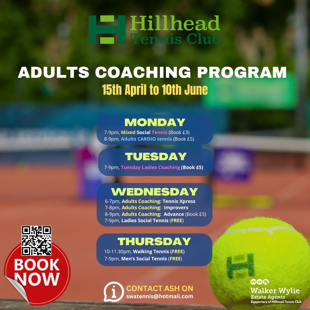 Book now for Tennis Coaching at Hillhead, 15th April-10th June! Open to all. Secure your spot!  bit.ly/3uSn7Cb #hillheadtennis #tennis4all