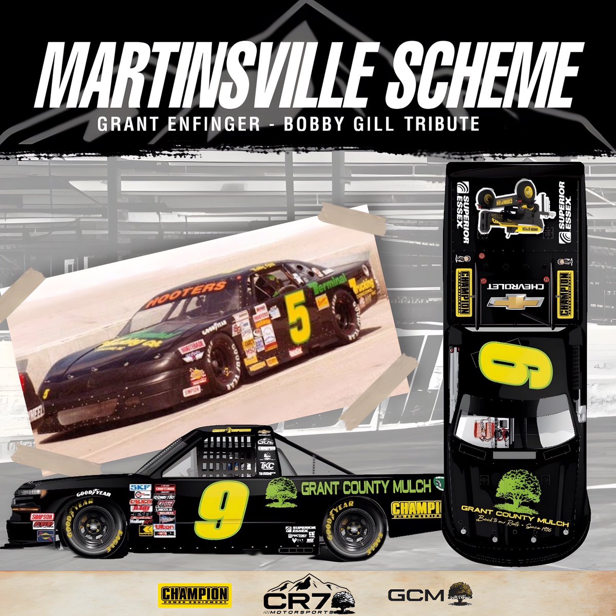 The No. 9️⃣ Grant County Mulch truck will feature a special paint scheme Friday night at @martinsvilleswy honoring Bobby Gill. More Info➡️ cr7motorsports.com/post/cr7-motor…