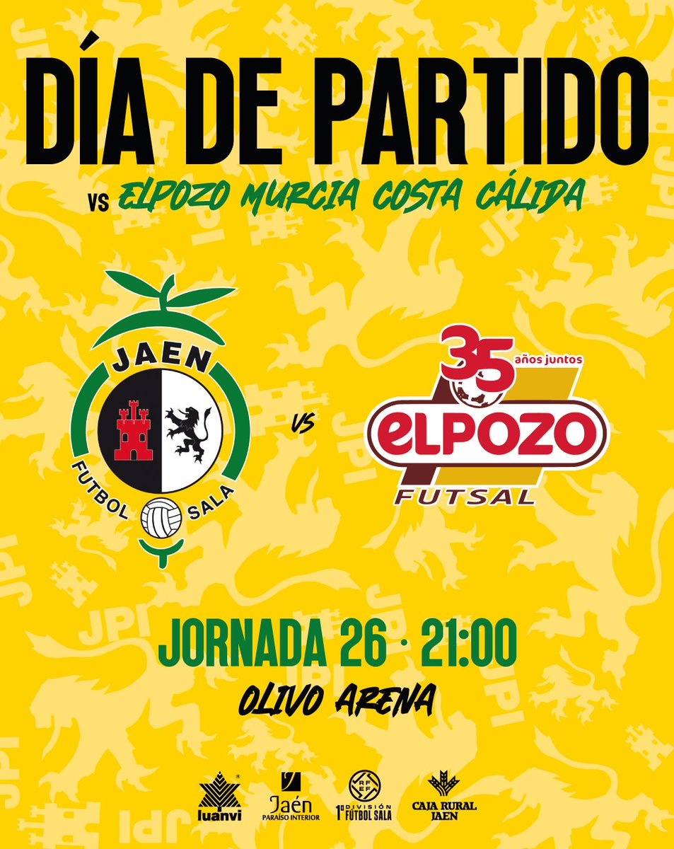 JaenFS's tweet image. 💛 DÍA DE PARTIDO 💛

▶️ ¡Intenso duelo en casa!

⚽️ 21:00 🆚 @ElPozoMurcia_FS
🏟️ Olivo Arena

📺 @fef_tv y @teledeporte

🎫 Anticipadas hasta las 17:00
📲 jaenfs.deporges.com

🎟️ Taquilla desde las 19:00

⚡️ ¡VAMOS JAÉN!

#PrimeraDivisiónFS #FutsalRFEF #SomosJaén💛