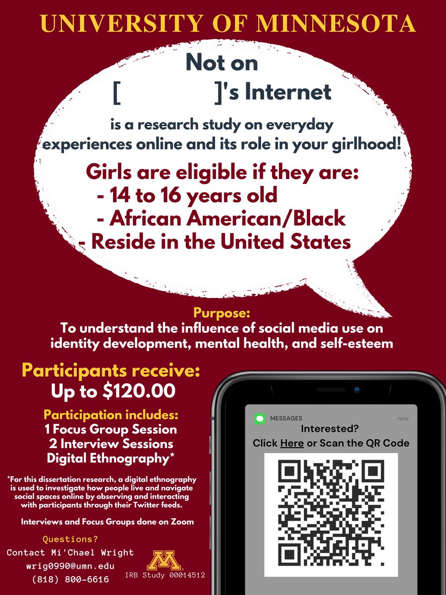 📡Research Study Recruitment! 🚨

Seeking girls between the ages of 14 and 16, who are African American/Black and live in the United States. 

Please share/RT on behalf of <a href="/doyouwright/">Mi'Chael N. Wright, M.A</a>, my @HPRS colleague!