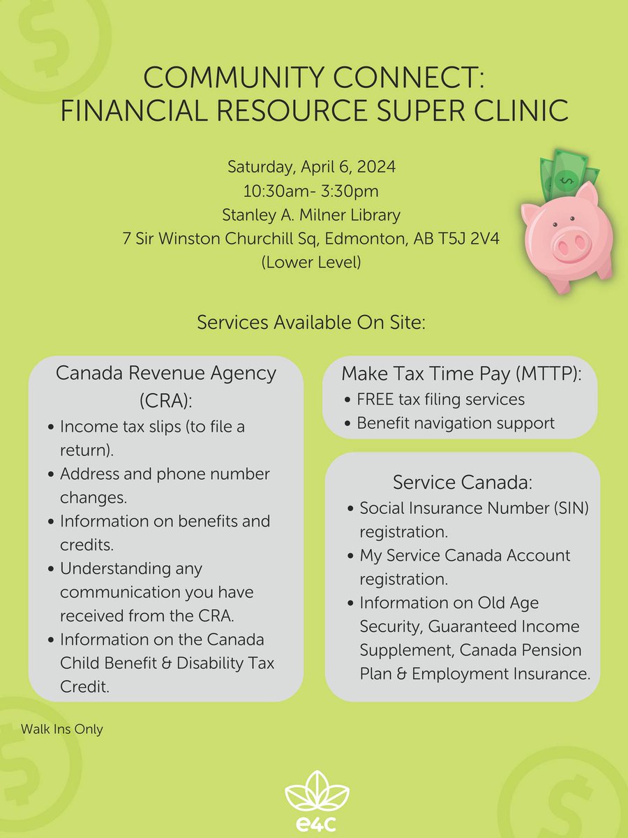 . @e4cAlberta is holding a COMMUNITY CONNECT: FINANCIAL RESOURCE SUPER CLINIC at the Stanley A. Milner Library from 10:30 am to 3:30 pm. WALK-INS ONLY! #YEG #Edmonton