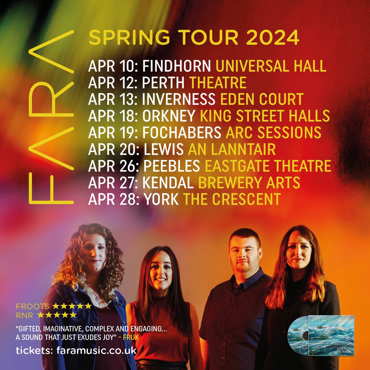 🌸🤘ONE WEEK TODAY🤘🌸 Next week we’ll be kicking off our April tour at the one & only @universalhall, Findhorn! From there, we’re heading around the Highlands & Islands, the north east & the south before finishing up in England! Hope to see you 👀 🎫 faramusic.co.uk