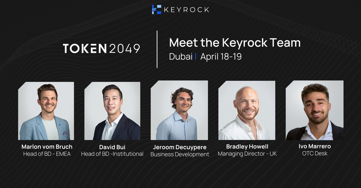 keyrock's tweet photo. 🇦🇪 Calling for all our fellow go-getters and industry-shapers going to Dubai. 

We will be at @token2049, and we hope to see you there.

Reach out to the team:
- @Marlonvb
- @buidav
- @rektdaosaurus
- @Keyrock_Brad https://t.co/w2Sm3iudte