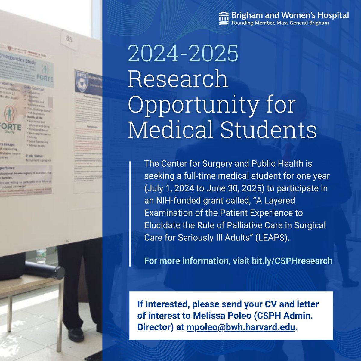 We are seeking a full-time medical student for one year to participate in our NIH-funded LEAPS study! For more information, visit bit.ly/CSPHresearch. Deadline to apply: May 1, 2024.