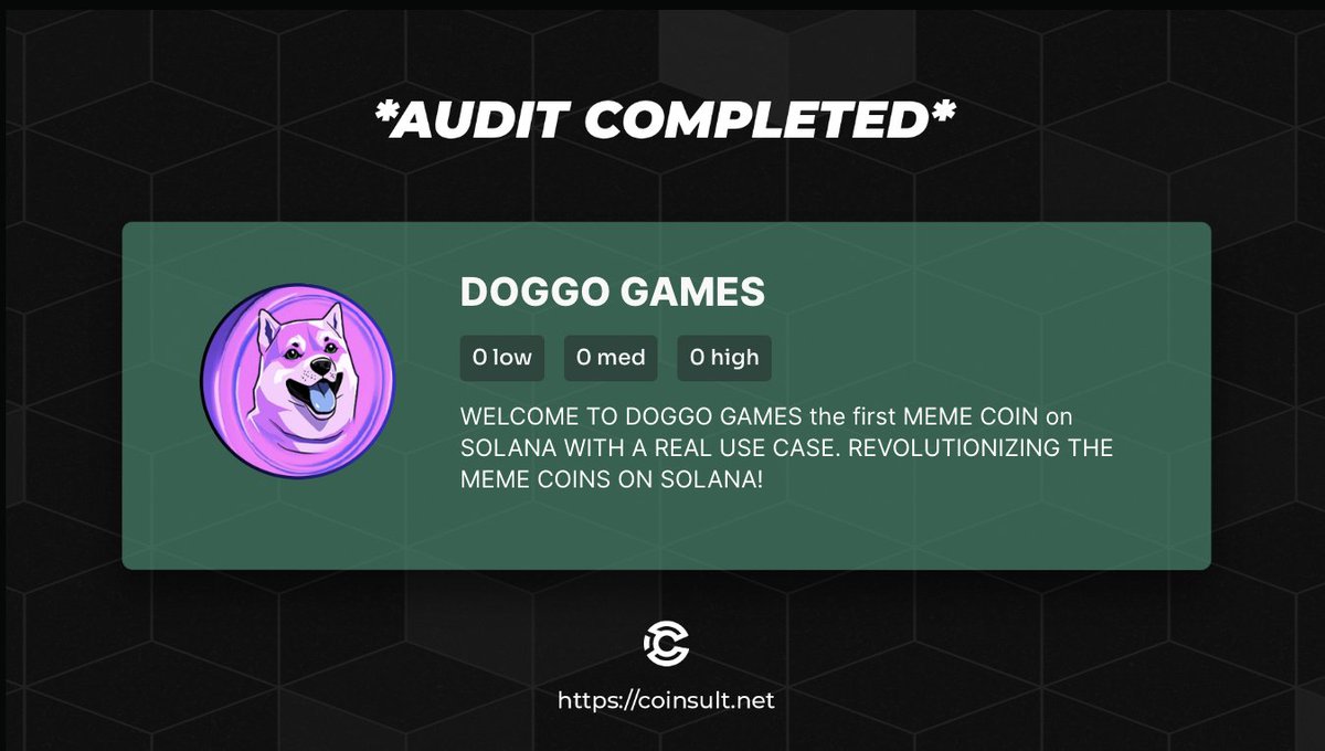 🔒 AUDIT COMPLETED FOR DOGGO GAMES

🎁 GIVEAWAY: $20 (48 hours)

1⃣ Follow @SolDoggoGames &amp; <a href="/CoinsultAudits/">Coinsult - Audits & Development</a>
2⃣ Like + RT this tweet
3⃣ Place a comment 💬

Go check out the full project page of DOGGO GAMES 👇
coinsult.net/projects/doggo…

#giveaway #audit #smartcontract #cryptogiveaway