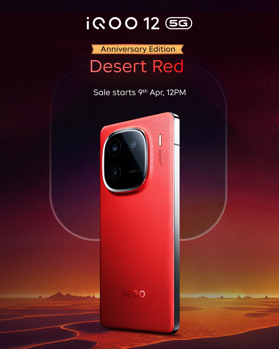 Marking @iqooind fourth anniversary, #iQOO announced iQOO 12 Anniversary edition in the vibrant hue of Desert Red. Priced at *INR 52,999 (Effective Price: INR 49,999)* for 12GB+256GB and *INR 57,999 (Effective Price: INR 54,999)* for the 16GB+512GB variant. 

(1/2)