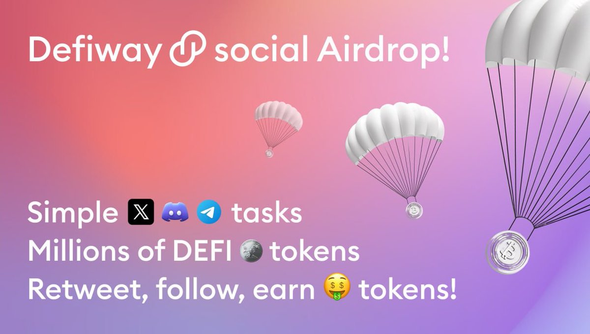 🔥 #Defiway Social Airdrop is LIVE! 🔥 Follow our socials and get $DEFI tokens! 💸 ✅ Defiway Social #Airdrop: zealy.io/cw/defiway/que… ⏰ Deadline: July 1st 🤑 TGE: July 1-3 More Information here: defiway.com/airdrop Token Whitepaper: defiway.com/whitepaper-def… Hurry up! 🤪