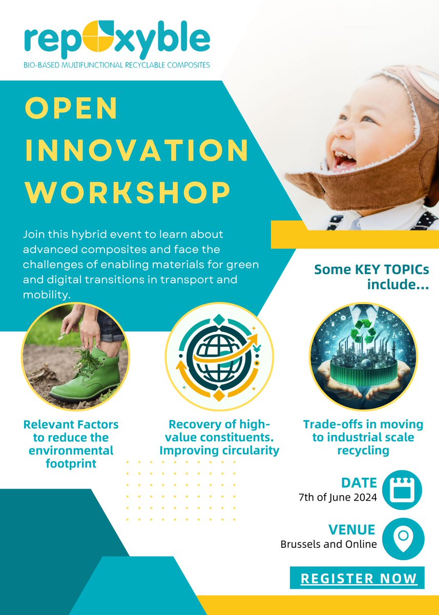 We are hosting an Open Innovation Workshop on #Recycling #Reuse and #Recovery of #AdvancedComposites !!! It will be an hybrid event on the 7th of June, taking place in Brussels and online. See more here repoxyble.eu/recycling-reus… and join us!!!