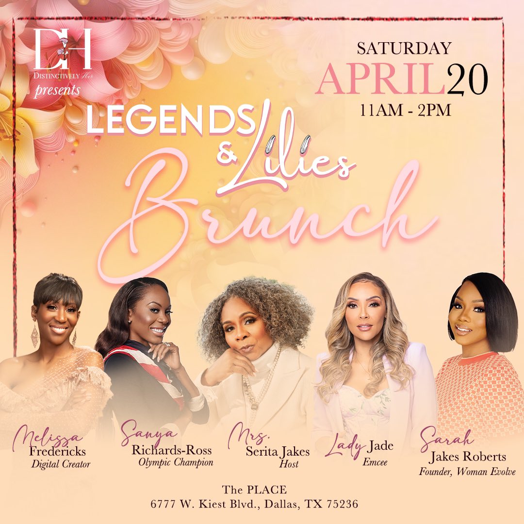 I’m delighted to invite you to @Distinctively_H’s #LegendsAndLilies Brunch on April 20 at The PLACE at @TPHDallas! 👑 💕 Our extraordinary lineup includes emcee @LadyJade104 with @SJakesRoberts, @SanyaRichiRoss, and @MrsKevOnStage.

Secure your spot at: bit.ly/LLDH24