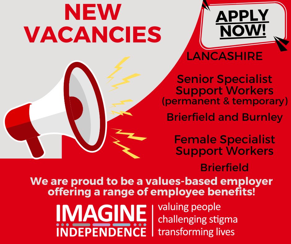 📢 Vacancies! Senior Specialist Support Workers in #Brierfield &amp; #Burnley (perm./temp.), female Specialist Support Worker in Brierfield.  Details/apply: tinyurl.com/2v9ebxkt Imagine is a #values-based employer; learn what that means &amp; why it matters: tinyurl.com/3kmtvdnm