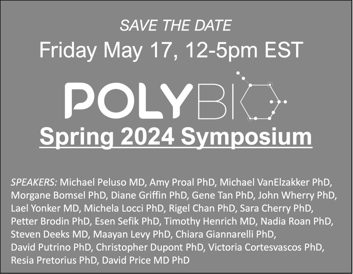 Excited to announce the PolyBio Spring Symposium. It will take place online May 17 from 12 -5 pm ET. Join to hear PolyBio-supported investigators give short updates on their projects. Register here: us02web.zoom.us/webinar/regist…