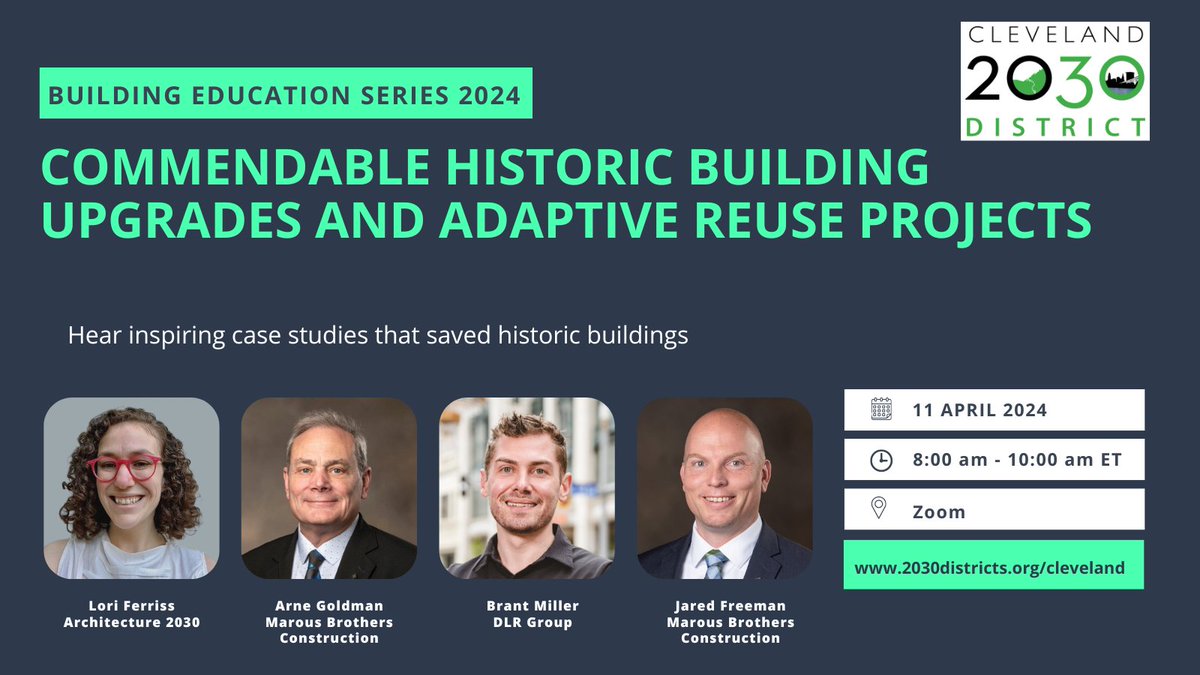 Speakers from @Arch2030 @MarousBrothers @DLRGroup will talk about historic building renovations and adaptive reuse projects that gave new life to old buildings and show how to assess embodied carbon. Thanks to event sponsors @MarousBrothers @DLRGroup tickettailor.com/events/clevela…