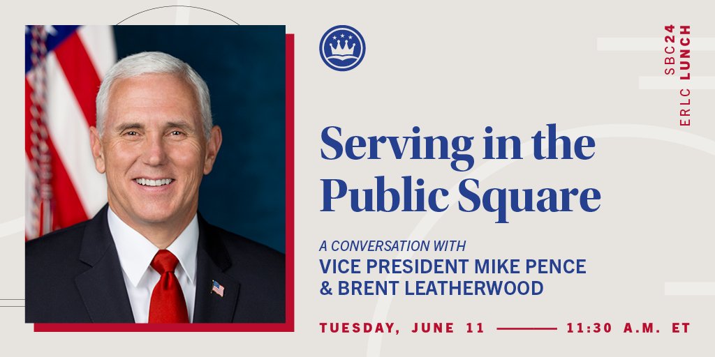 In a polarized political age, we want to seek the good of our neighbors, engage in politics in a distinctly Christian way, & be salt & light in our communities, our states, and our nation. Join us at #SBC24 for a lunch discussion with VP @Mike_Pence. erlc.co/3VAwHra