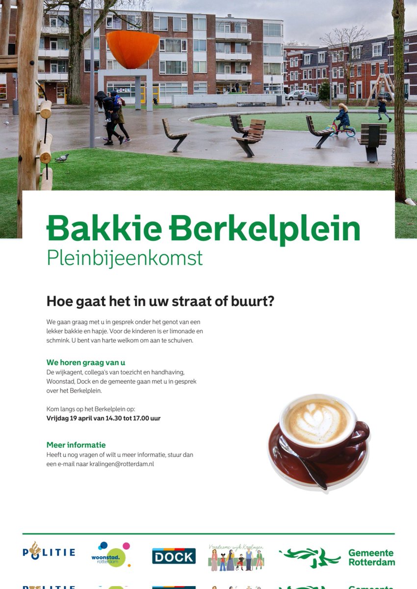 Hoe gaat het op het Berkelplein? We staan er op 19 april. Ga in gesprek over de wijk met <a href="/rotterdam/">Gemeente Rotterdam</a> <a href="/POL_Rotterdam/">Politie Eenheid Rotterdam eo</a> <a href="/Stadsbeheer010/">Stadsbeheer010</a> <a href="/Woonstad/">Woonstad Rotterdam</a> <a href="/StichtingDOCK/">Stichting DOCK</a>