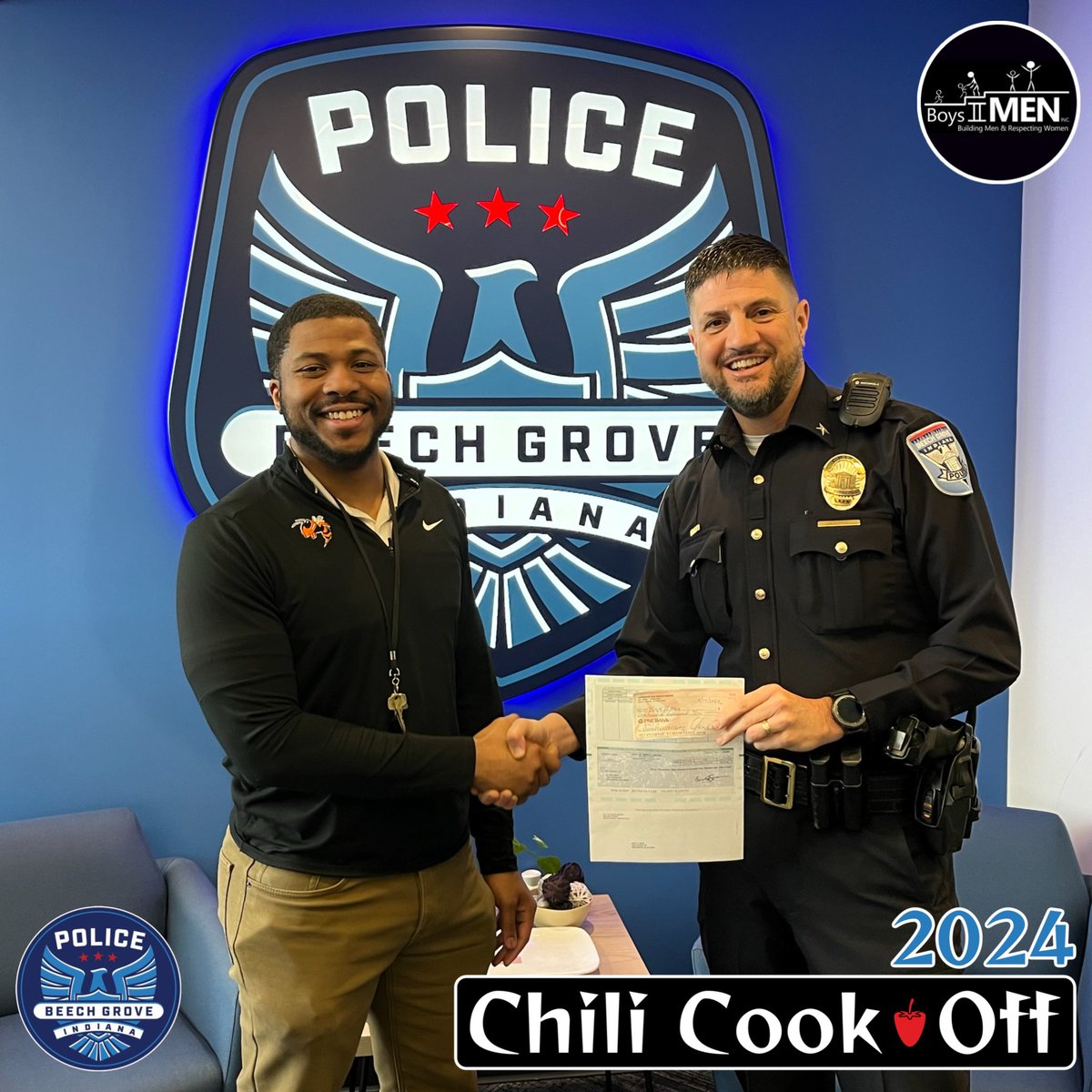 Chief Maurice presents BoysIIMen, Inc’s LaDarrius Calvin the generous donations and proceeds gathered during the great 2024 BGPD Chili Cook-Off. Thank you again to all who donated, participated, and committed their time to the Cook-Off! boysiimen.org/about-us